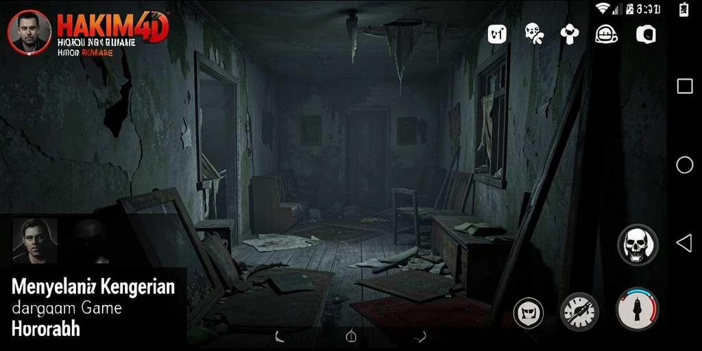 Screenshot utama HAKIM4D menampilkan suasana mencekam dalam game horor rumah.